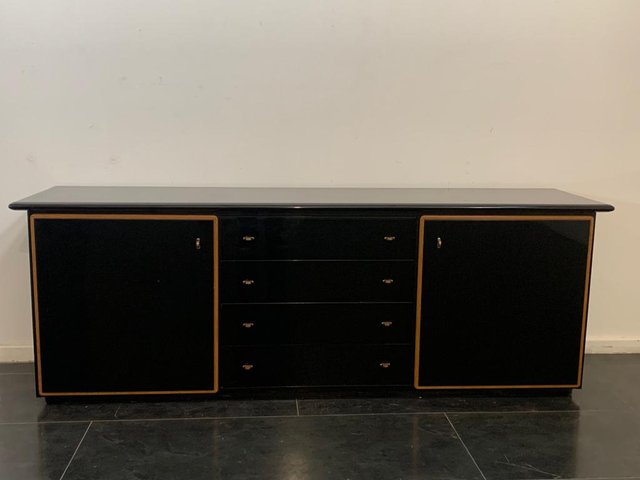 Black Lacquered Credenza with Layered Wood by Pierre Cardin for