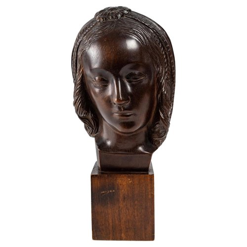 Art Deco Head of a Woman Wood Sculpture, 1930s for sale at Pamono