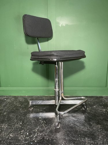 Mid Century Drehstuhl Mit Lederpolster – Höhenverstellbar, Edelstahlbeine, Fürs Home-Office