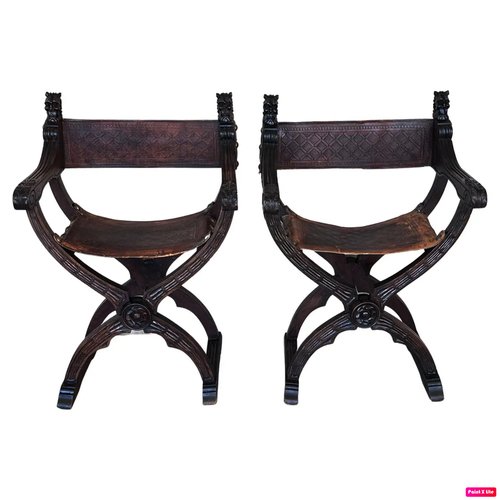 Antique Folding Scissor Chairs in Carved Walnut, 1850, Set of 2 for ...