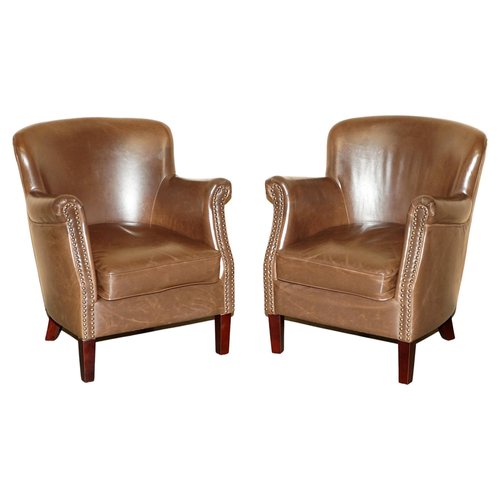 Halo Little Professor Armchairs in Brown Leather by Timothy Oulton, Set of 2