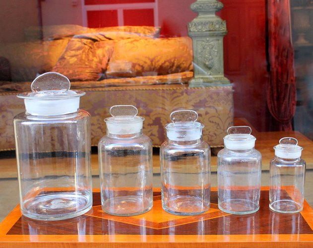 1930s Pair of Clear Glass Condiment Jars Canisters With Covers 