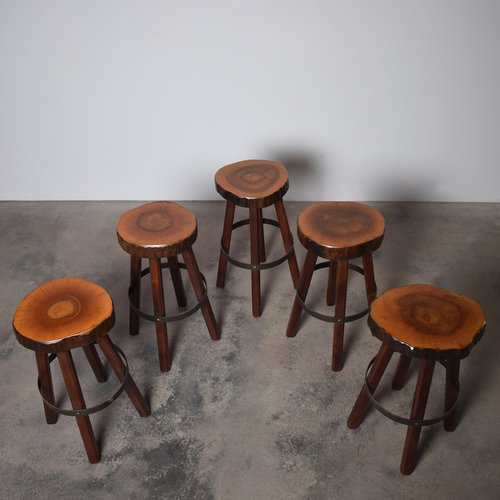 Brutalist Rustic Tree Trunk Bar Stools 1960s Set of 5