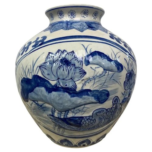 Chinese Blue and White Porcelain Vase with Lotus Flower Decorations for