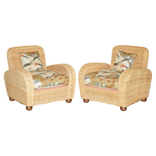 Art Deco Style Wicker Club Armchairs with Mulberry Flying Ducks