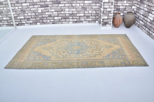 Vintage Turkish Tan & Blue Natural Pale Rug for sale at Pamono
