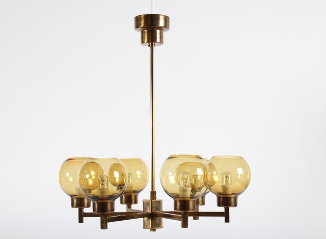 Lustre à Six Branches en Laiton et Verre par Hans-Agne Jakobsson, Suède ...