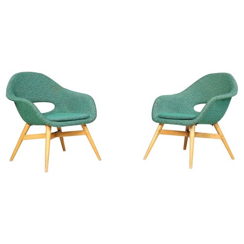 Easy Chairs in Original Green Fabric by Miroslav Navratil, 1960, Set of