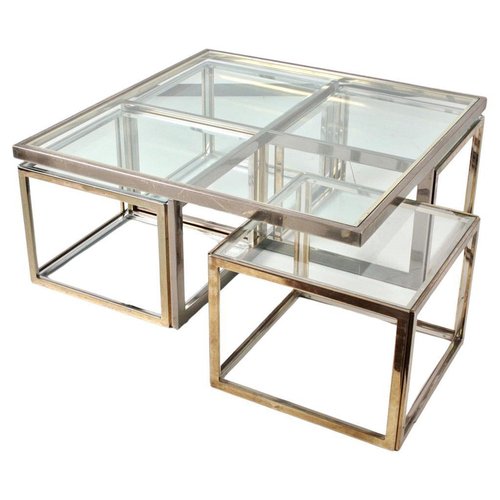 Large French Glass Coffee Table with Nesting Side Tables from Maison