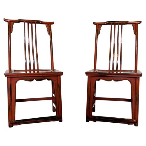 Set of 20th Century Asian Chairs in Red Lacquered Wood for sale at