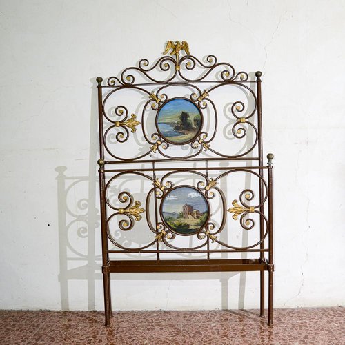 Wrought Iron Single Bed with Gilded Decorations and Brown Painted Frame