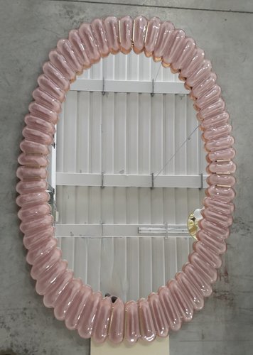 Mid-Century Italian Oval Murano Pink Art Glass and Brass Wall Mirror, 2000