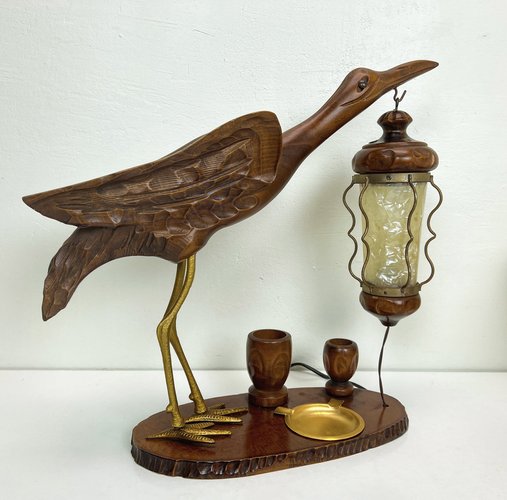 Art Deco Heron Table Lamp with Ashtray and Cigarette Service