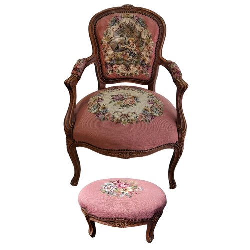 French Louis XV Carved Walnut Chair and Ottoman Set — The Art of Antiquing