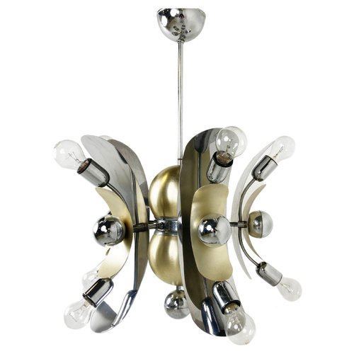 Vintage Italian Chrome & Brass Chandelier, 1970s for sale at Pamono