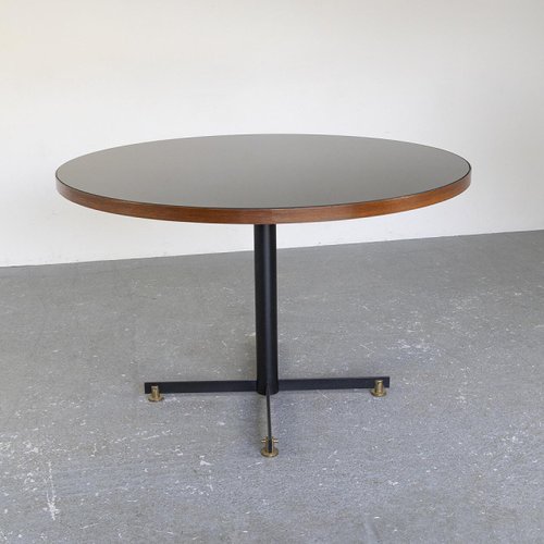Vintage Round Table with Black Glass Top, 1950s for sale at Pamono