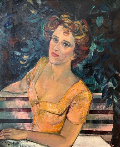 MarcelRené Chassard, Portrait d'une dame assise sur un banc de jardin