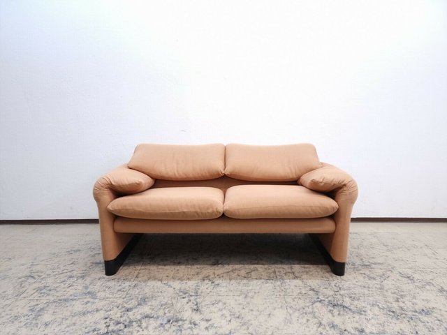 Maralunga Two-Seater Sofa in Brown Fabric by Magistretti for