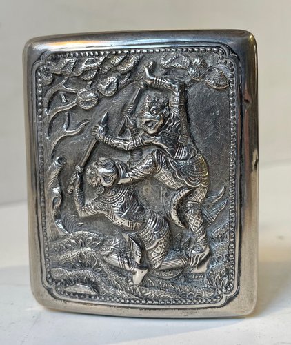 Antique Asian Export Silver Cigarette Case with Nuo Masked