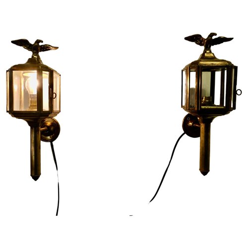 Brass Carriage Wall Lights with Eagles 1920s Set of 2