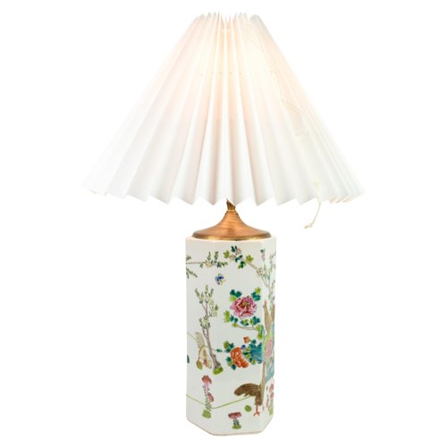 Fine Asianliving Chinesische Tischlampe Aus Porzellan – Mit Leinenschirm, Ø38 Cm, H58 Cm