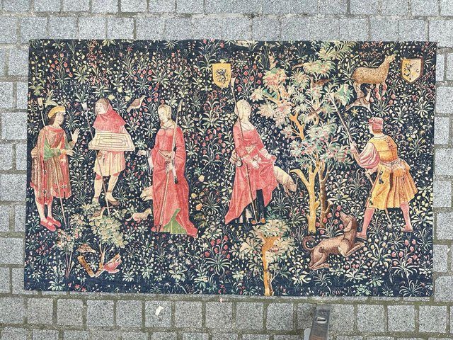 French Hand Printed Medieval Tapestry 1950s