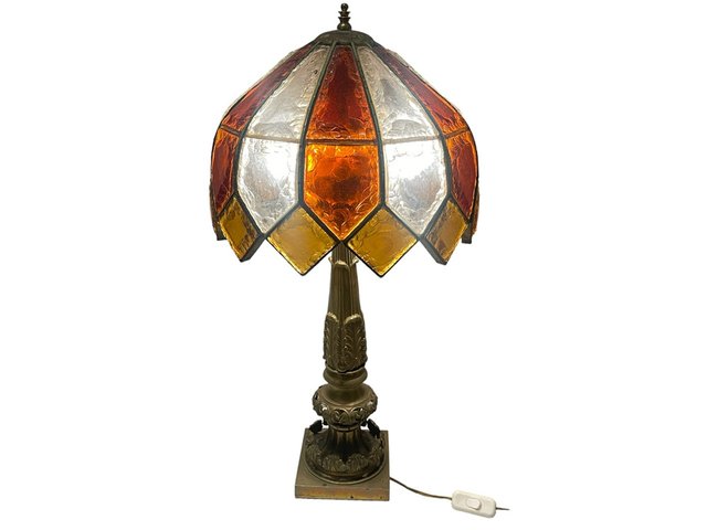 Lampe Typhany Art Déco - Pied Bronze, Abat-jour Bambou - Vintage France