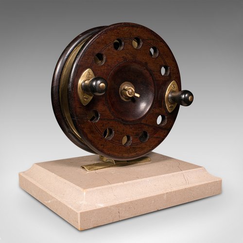 antique wooden fishing reels for sale Antique English Mounted Fishing Reel in Brass & Travertine, 1900s for sale  at Pamono
