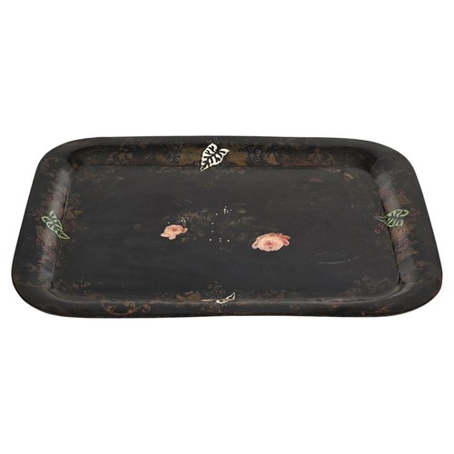 Handbemaltes französisches Tablett aus Metall mit Gold im Napoleon III