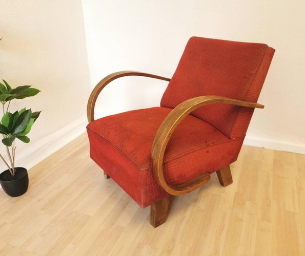 Vintage Reading Lounge Chair with Wooden Base and Red Fabric, 1970s for