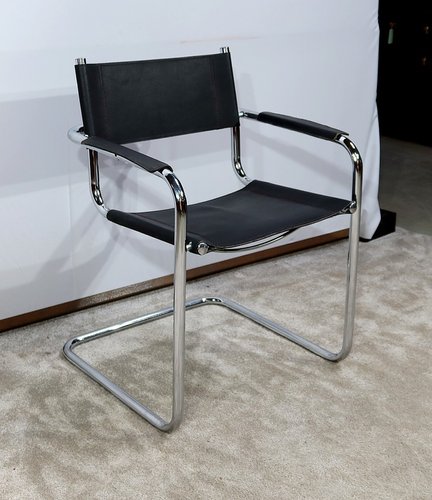Chromed Metal Chair in Black Leather by Breuer 1970 for sale at