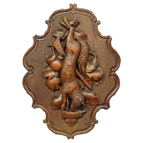 Antique Wooden Carved Black Forest Game Plaque with Fox, 1890s for