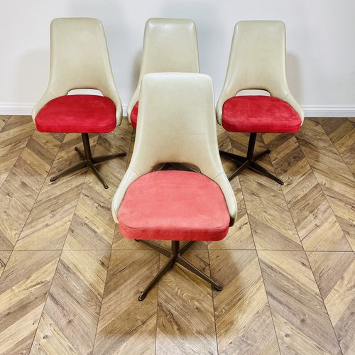 MidCentury Vinyl & Velour Tulip Swivel Dining Chairs on Metal Bases