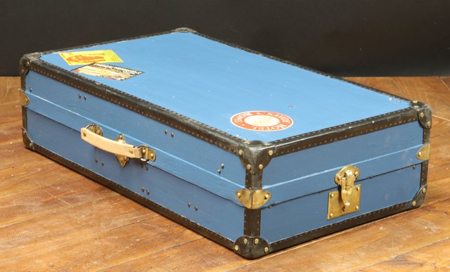 ANCIENNE VALISE DE TOILETTE AVEC ACCESSOIRES BLEU. avec housse tissu Cuir