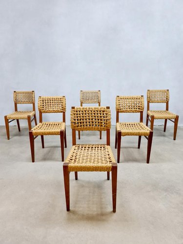 Vintage Woven Rope Dining Chairs by Adrien Audoux Frida Minet 1940s Set of 6
