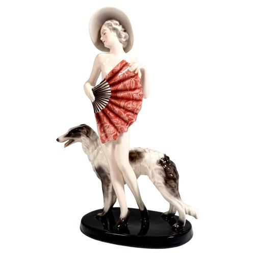 Vintage Woman with Fan Figurine by Lorenzl for Hat & Barzoi, 1930s