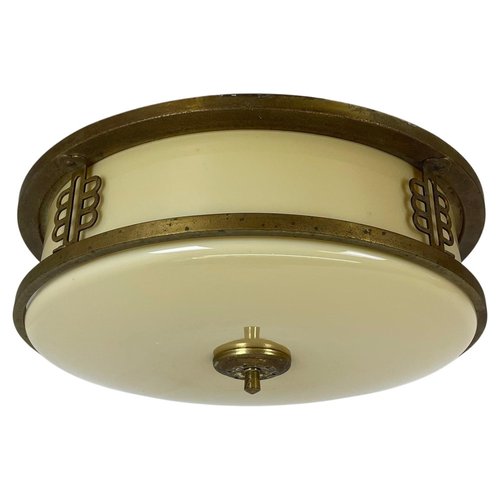 Plafonnier Mural Ovale Style Vintage Nautique – Laiton Et Verre Blanc (sans Ampoule)