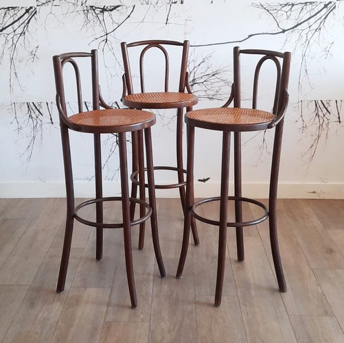 Bentwood Bar Stools with Rattan Seats, 1970s, Set of 3 for sale at Pamono