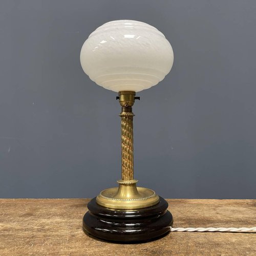 Antique Brass Table Lamp with Cobblestone Glass Hood for sale at