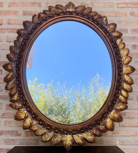 Mid-Century French Oval Mirror in Gold Flower Frame, 1960s for