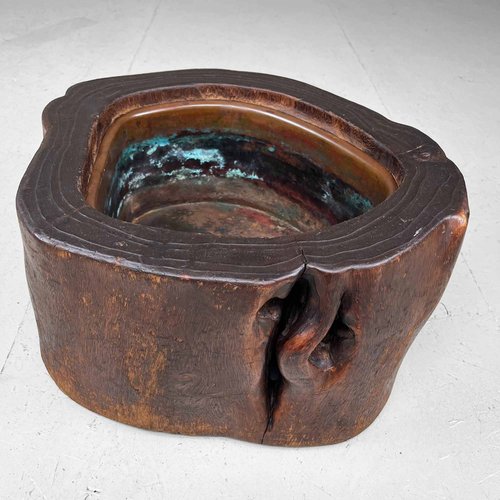 Meiji Period Tree Trunk Hibachi in Wood & Copper, Japan
