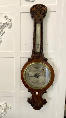 French Carved Walnut Antique Wall Clock, Barometer & Thermometer