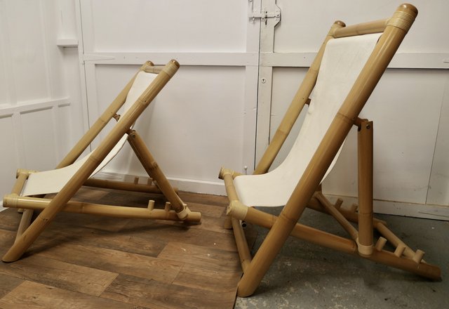 Large Bamboo Deck Chairs with Coffee Table 1960s Set of 3 for
