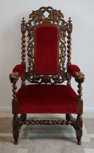 Chaise du Trône Victorienne Acobean Revival Sculptée Ornée, 1850 en vente  sur Pamono