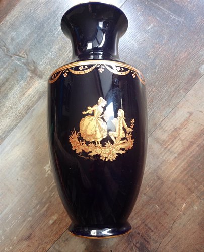 Mid-Century Limoges Blue Cobalt Vase in 22k Gold, France, 1950s