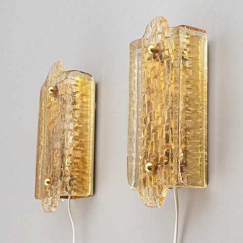 Wall Lights by Orrefors in Molded Glass & Brass, Sweden, 1960s, Set of