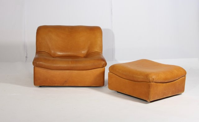 Sillón DS-46 de cuero Buffalo grueso con puf de De Sede, años 70 en