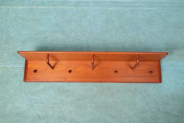 Mid-Century Scandinavian Oak Wall Mounted Coat Rack with Turned Wood Hooks,  1960s for sale at Pamono