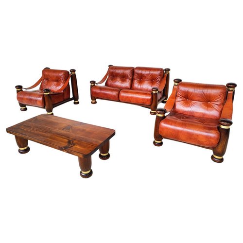 Mid-Century Modern Leather and Wood Sofa, Armchairs and Table