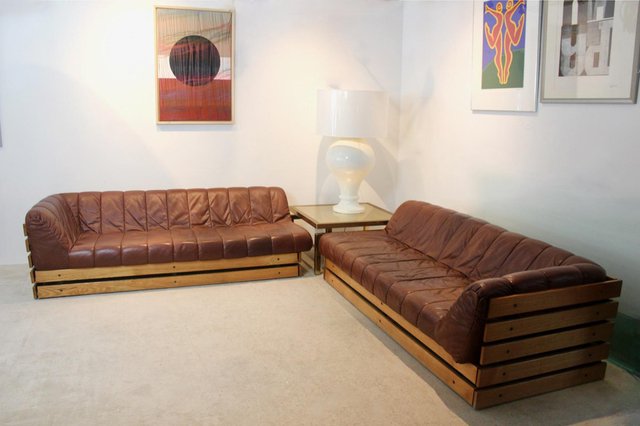 Dutch Lounge Sofa Set in Wood and Cognac Leather 1970s Set of 2